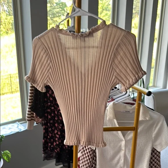 Tan Ribbed Ruffled Blouse - Picture 2 of 7